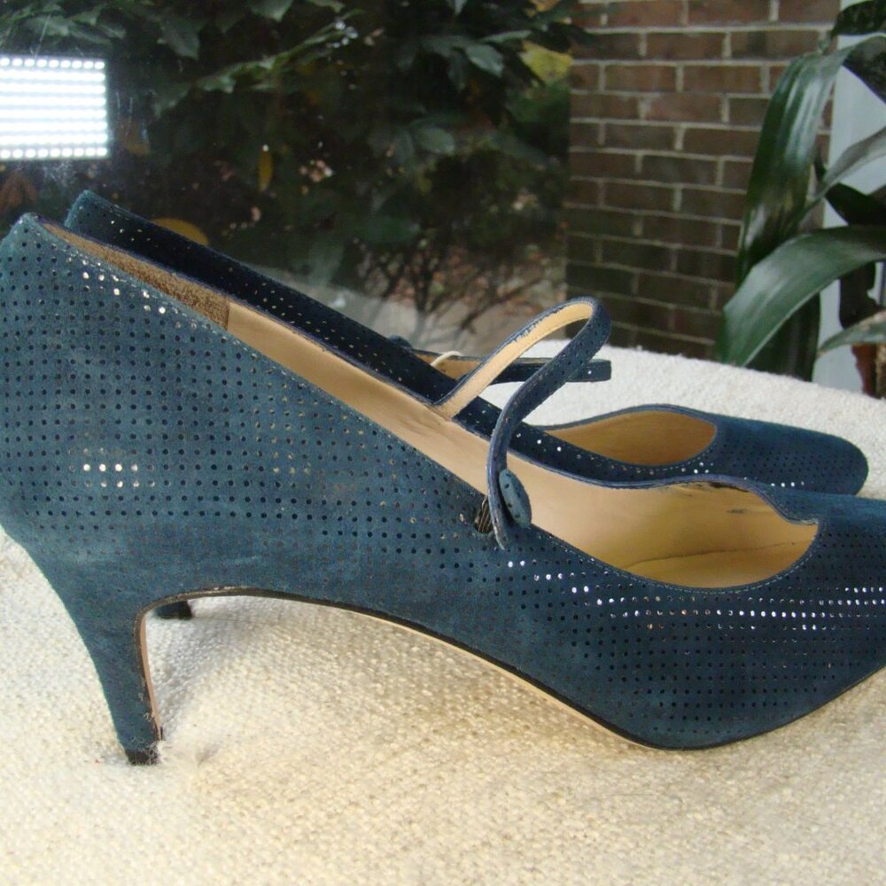 daniele ancarani teal genuine suede leather Mary Jane medium heel pumps, S 8.5 - Picture 5 of 8